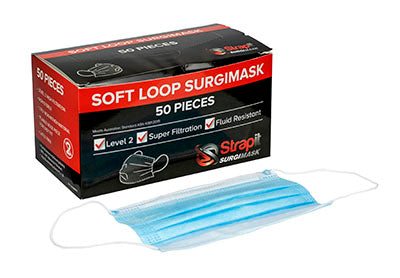 Strapit Surgimask Face Masks, 3 ply disposable with ear loops, ASTM Level 2, Box of 50